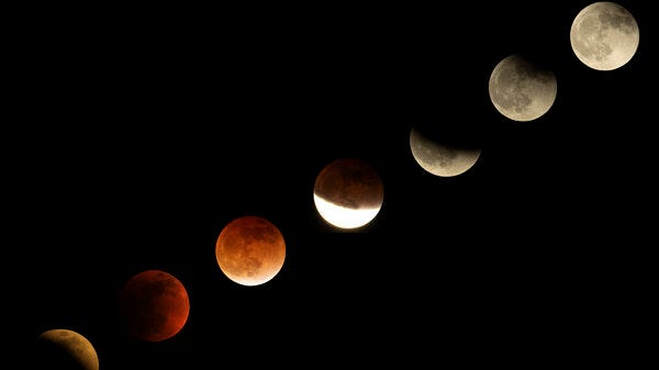 This combination of photos shows the moon in various stages of the total lunar eclipse during the first blood moon of the year, in Temple City, Calif., on May 15, 2022.