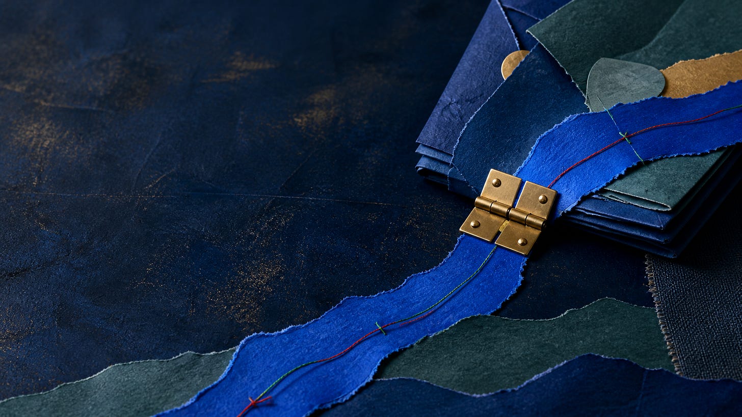 A folded cobalt paper path crosses a brass hinge, carrying visible thread from layered working material into a clear route.