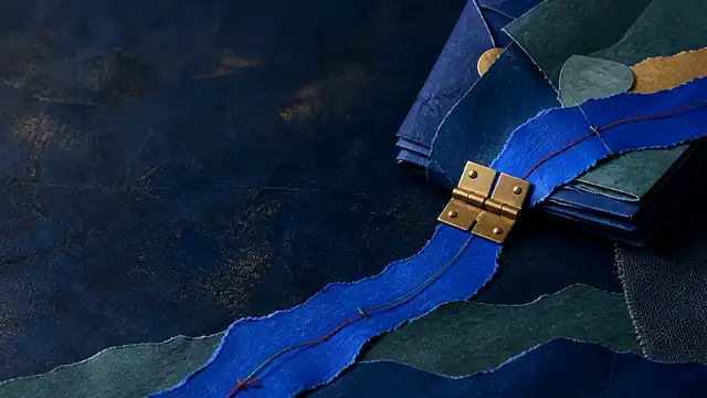 A folded cobalt paper path crosses a brass hinge, carrying visible thread from layered working material into a clear route.