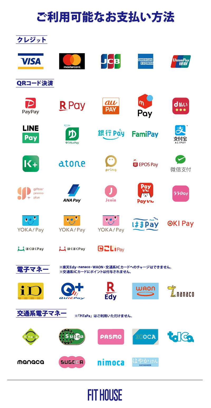 ご利用可能な【キャッシュレス決済】のご案内 | FIT HOUSE事業本部サイト（フィットハウス） | ワンストップ・ファッションスクエア