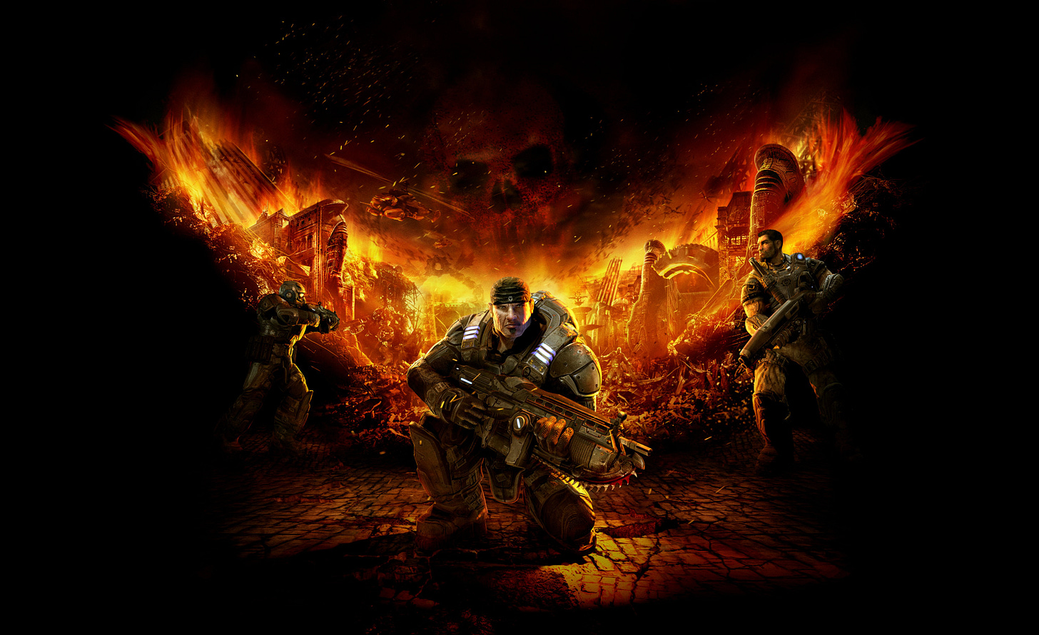 Marcus Fenix, Dom Santiago and Carmine in Gears of War key art Marcus Fenix, Dom Santiago and Carmine in Gears of War key art