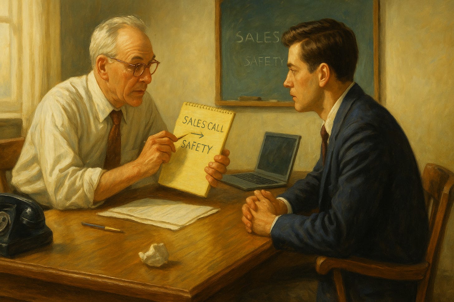 A warm, painterly office scene inspired by Norman Rockwell, showing an older mentor teaching a young professional across a wooden desk. The mentor holds a notepad reading “Sales Call → Safety” while sunlight filters through the window, symbolizing patience, professionalism, and learning the long way.