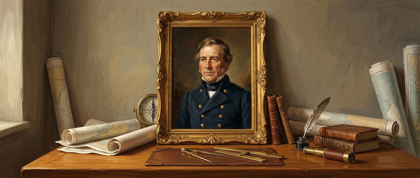 On a navigator's desk, the portrait occupies centre stage, with work materials around it. On a navigator's desk, the portrait occupies centre stage, with work materials around it.