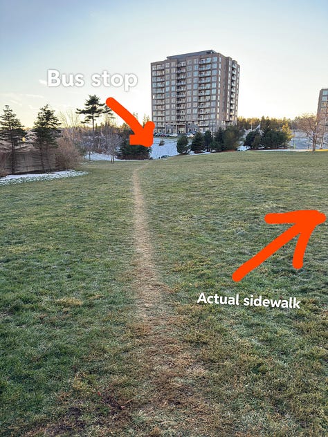Three photos showing paths that don't follow the established sidewalks.