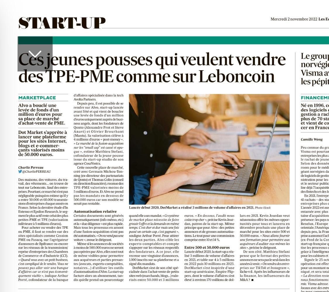 arcticle les échos Alvo.market reprise d'entreprises TPE PME, Matthieu Stefani
