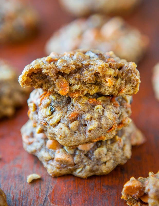 Soft and Chewy Spiced Carrot Cake Cookies stack. 
