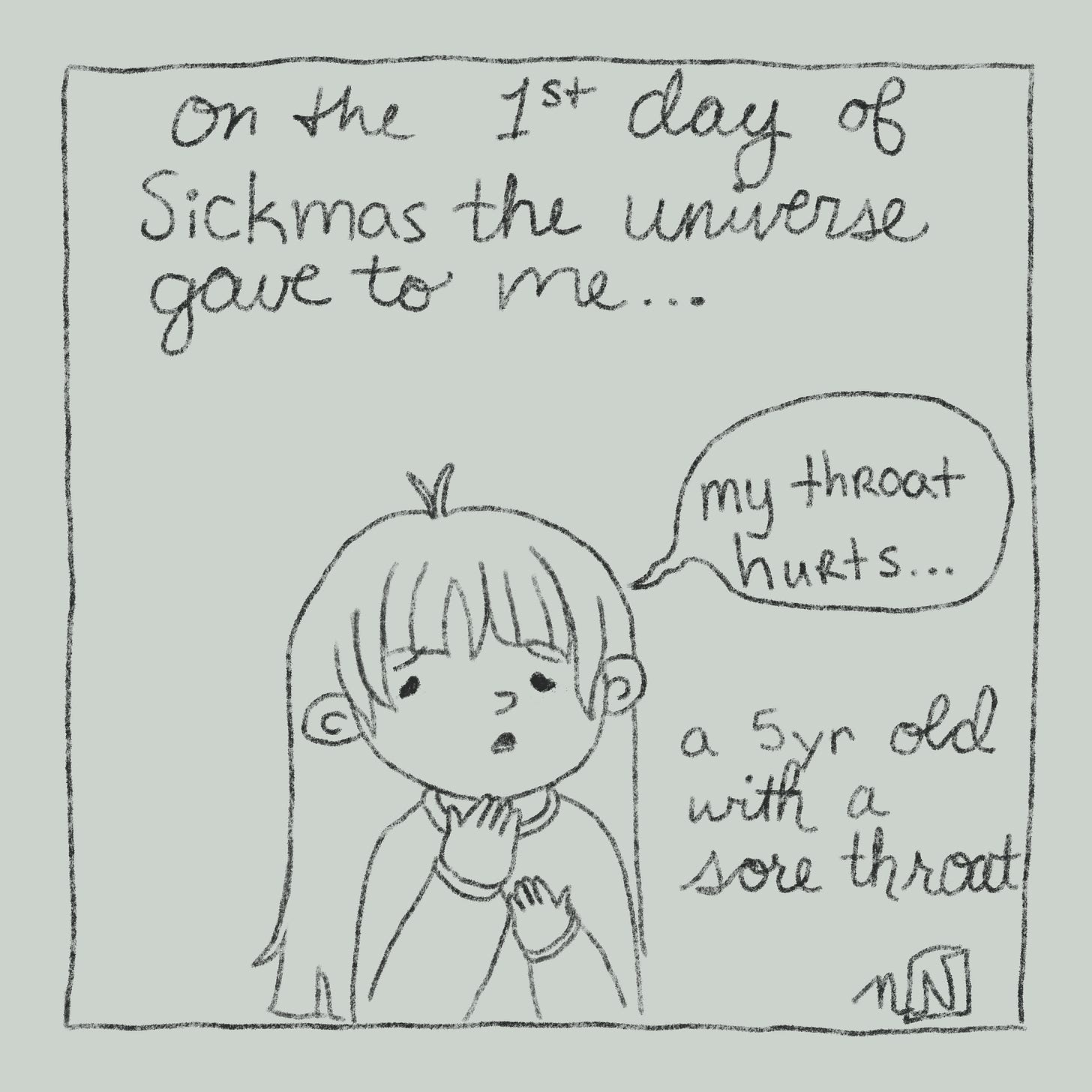on the first day of Sickmas the universe gave to me, a 5 yr old with a sore throat. (illustrations of a 5yr old holding her throat saying "my throat hurts."