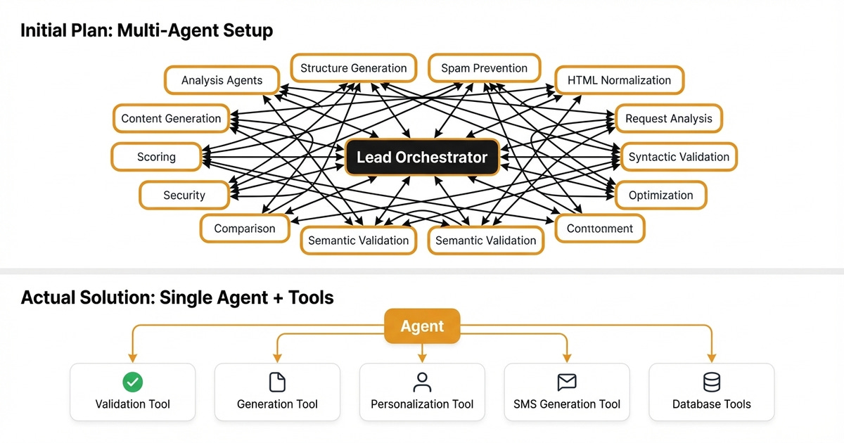 Comparison of initial multi-agent setup versus actual single-agent solution for a marketing platform. Comparison of initial multi-agent setup versus actual single-agent solution for a marketing platform.