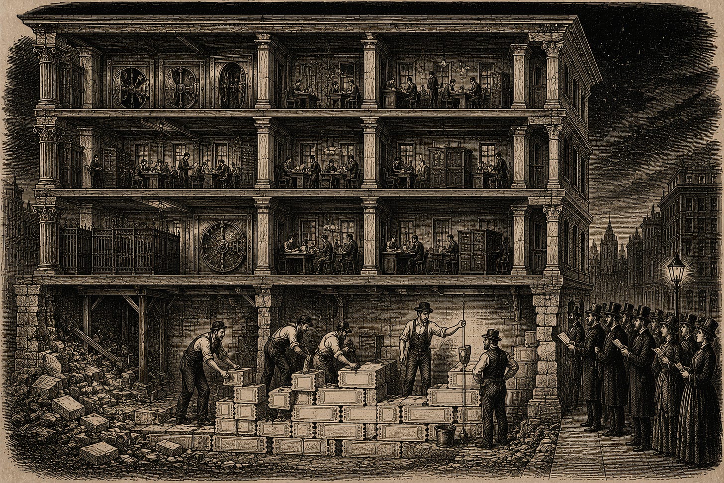 Wood-engraving editorial illustration in the Thomas Nast Harper's Weekly style for Attention Capital's essay The Presold Epic, Section V: What Countable Demand Does to the Money. A cross-section of a five-story bank shows four solid upper floors and a foundation being rebuilt by masons laying bricks shaped like admission tickets, while a queue waits outside with money in hand. The image argues that film equity, long priced as the riskiest layer of the capital stack because demand was unmeasurable at greenlight, is being rebuilt on presold, counted demand. Keywords: film capital stack, film equity risk, presold demand, underwritten greenlight, private credit media finance. Wood-engraving editorial illustration in the Thomas Nast Harper's Weekly style for Attention Capital's essay The Presold Epic, Section V: What Countable Demand Does to the Money. A cross-section of a five-story bank shows four solid upper floors and a foundation being rebuilt by masons laying bricks shaped like admission tickets, while a queue waits outside with money in hand. The image argues that film equity, long priced as the riskiest layer of the capital stack because demand was unmeasurable at greenlight, is being rebuilt on presold, counted demand. Keywords: film capital stack, film equity risk, presold demand, underwritten greenlight, private credit media finance.