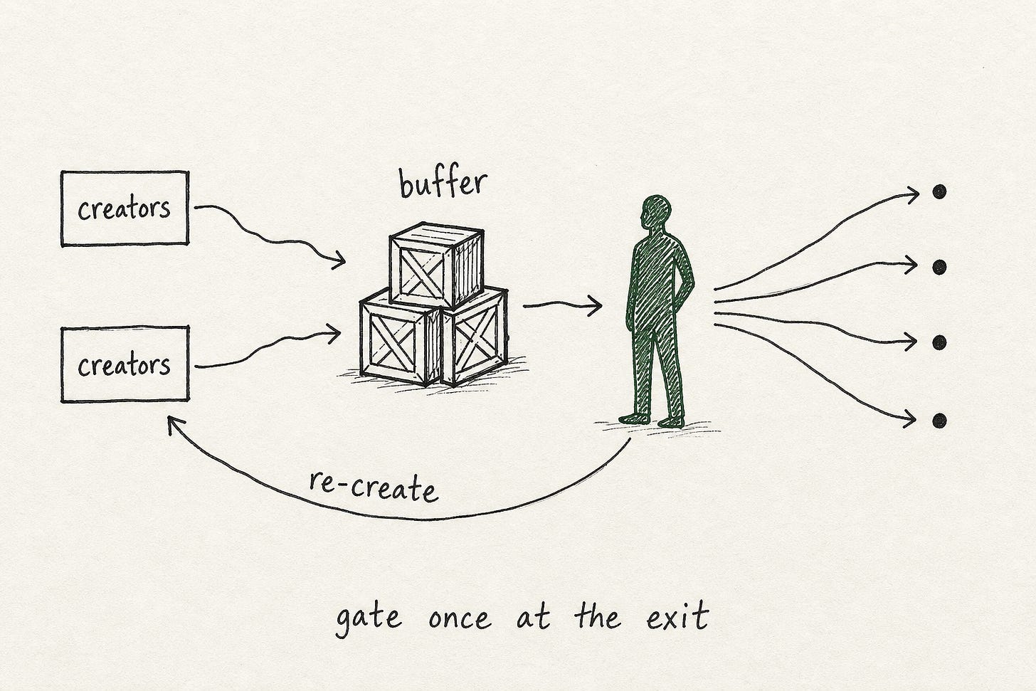 The Inventory Pipeline: build stock ungated, gate once at the exit