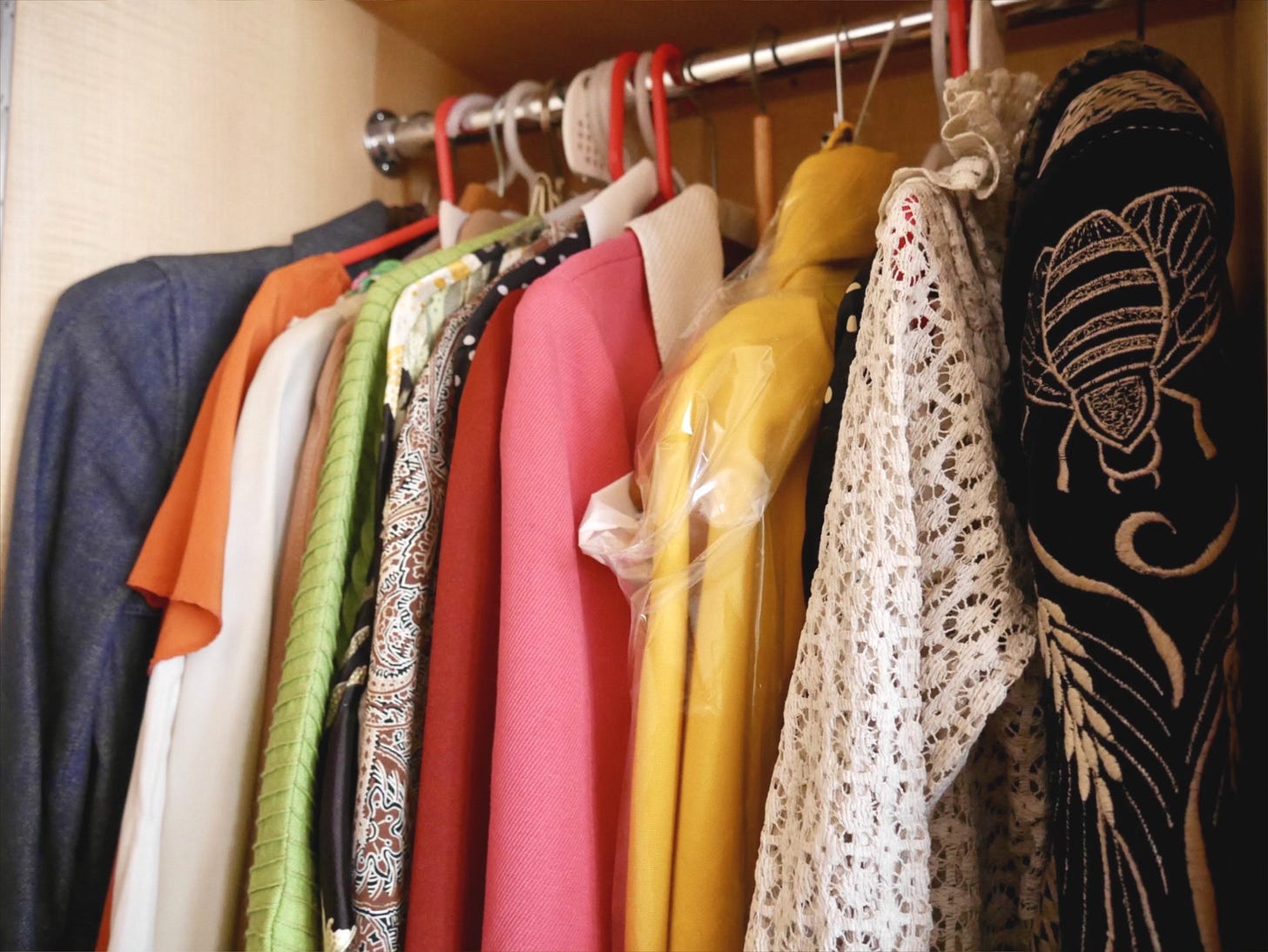 Rail of Fenella Fieldings Clothes hanging from the 1960's to current day garments 