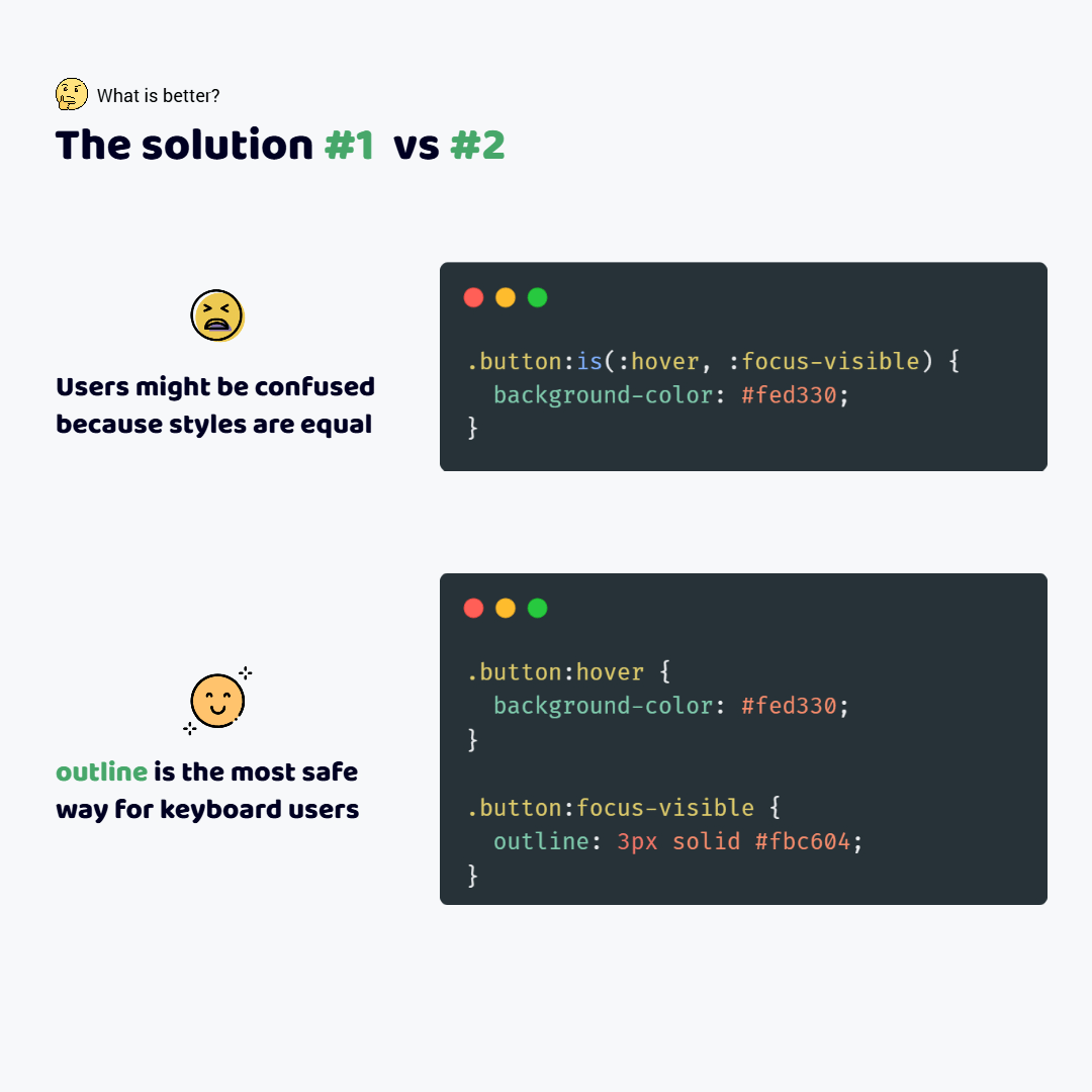 A wrong code. Hover, focus styles are the same. A correct code. Every state has unique styles