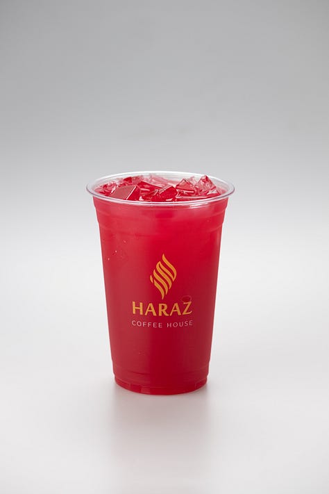 a collection of drinks and honeycomb bread from Haraz Coffee House