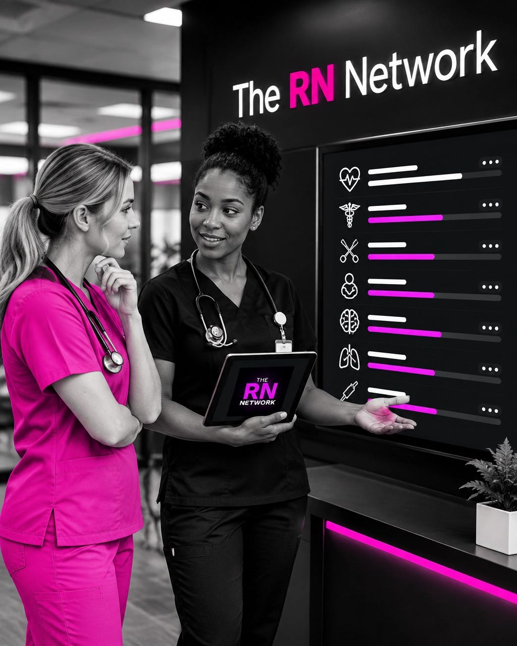 Nurses reviewing open specialty positions and hiring needs on a hospital career dashboard Nurses reviewing open specialty positions and hiring needs on a hospital career dashboard