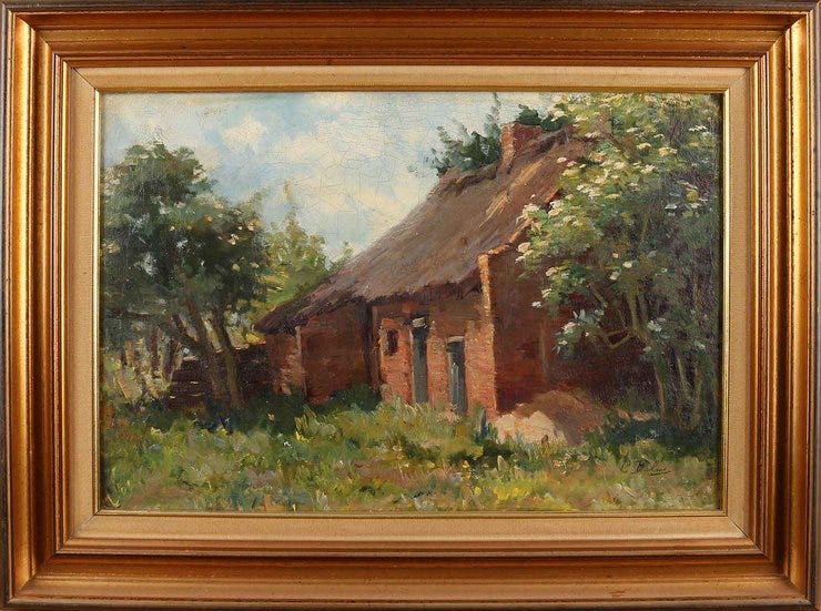 'Boerenschuur met bloesembomen' olieverf op doek: Constance Balwé (lot 1408 Twents Veilinghuis)