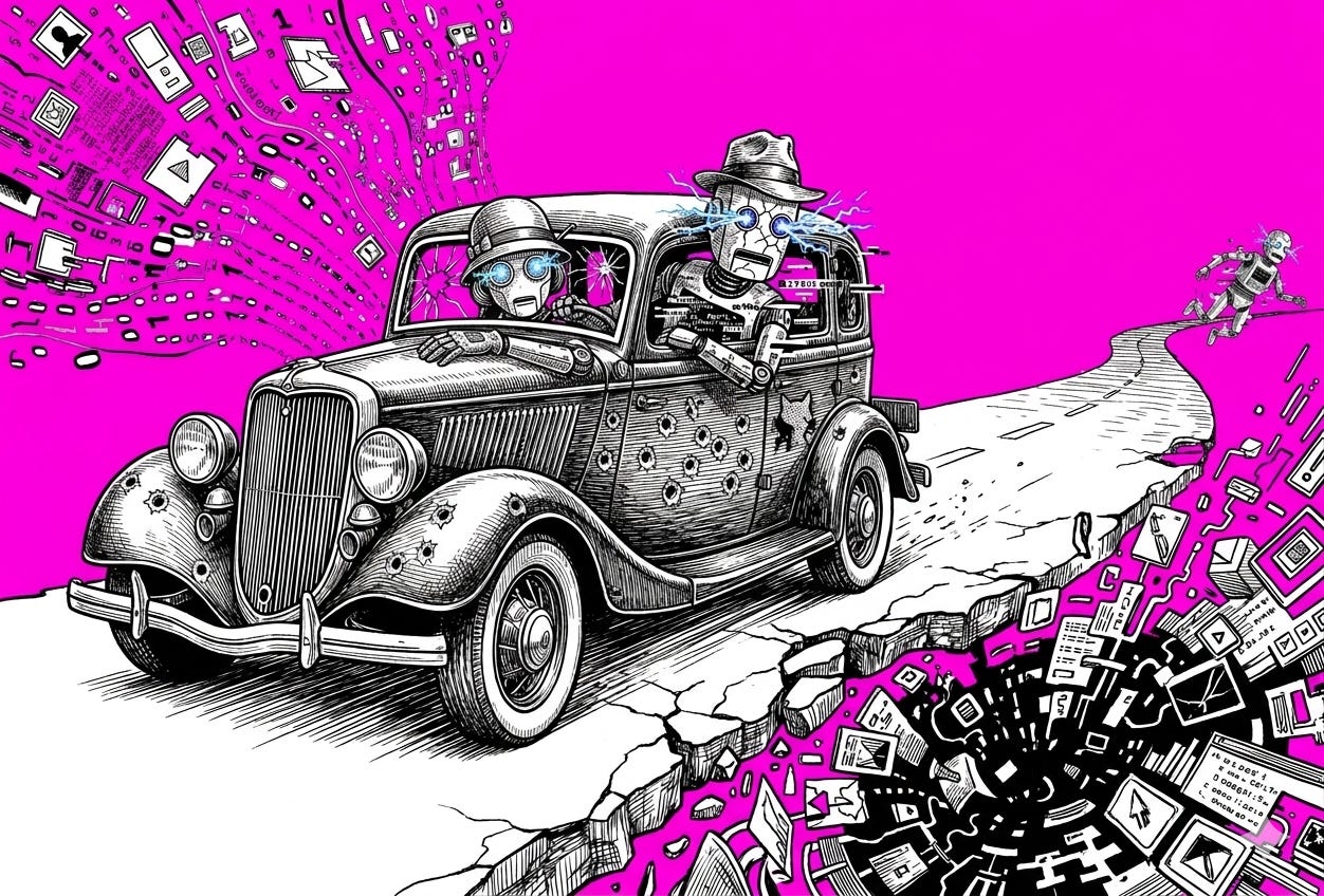 AI robots as bonnie and clyde drive a robot 1920s car riddled with bullets, which is emitting icons for digital content 