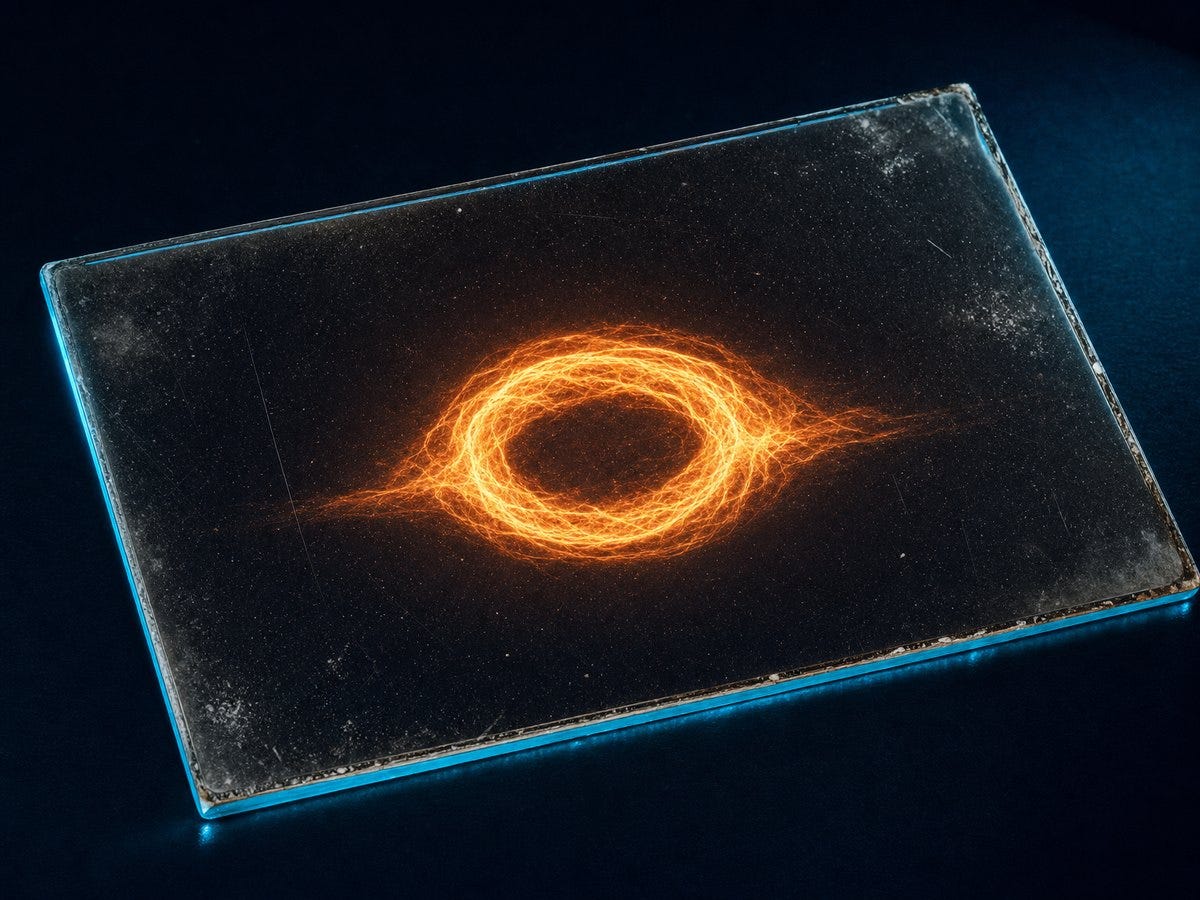 A scratched glass photographic plate carrying a luminous ring of twisted filaments