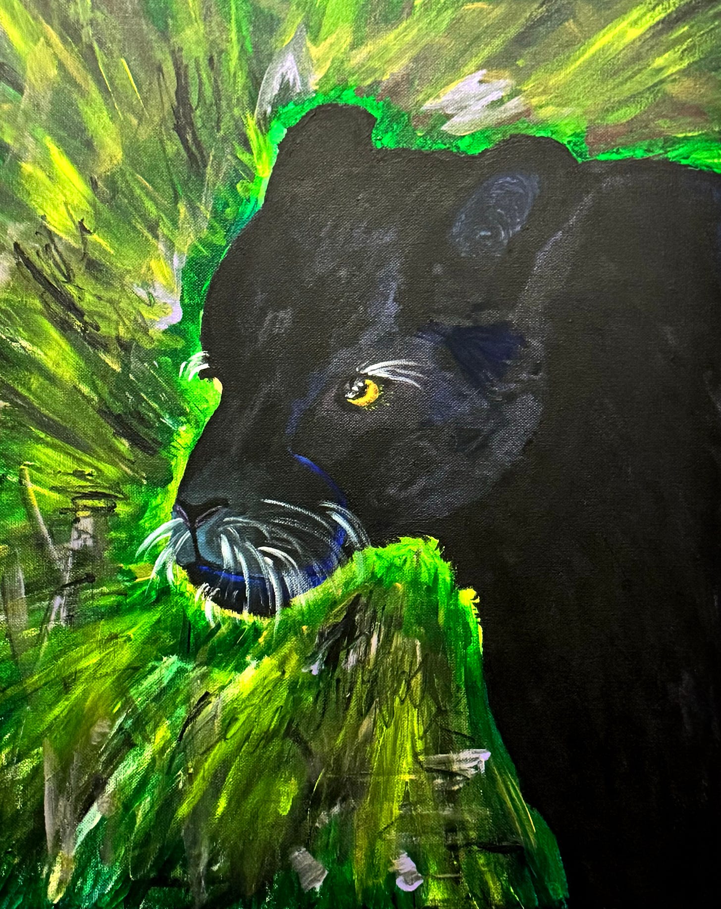 A painting of a black panther on a green background, a orange elephant on a yellow-green background, and a brown bear on a blue background.