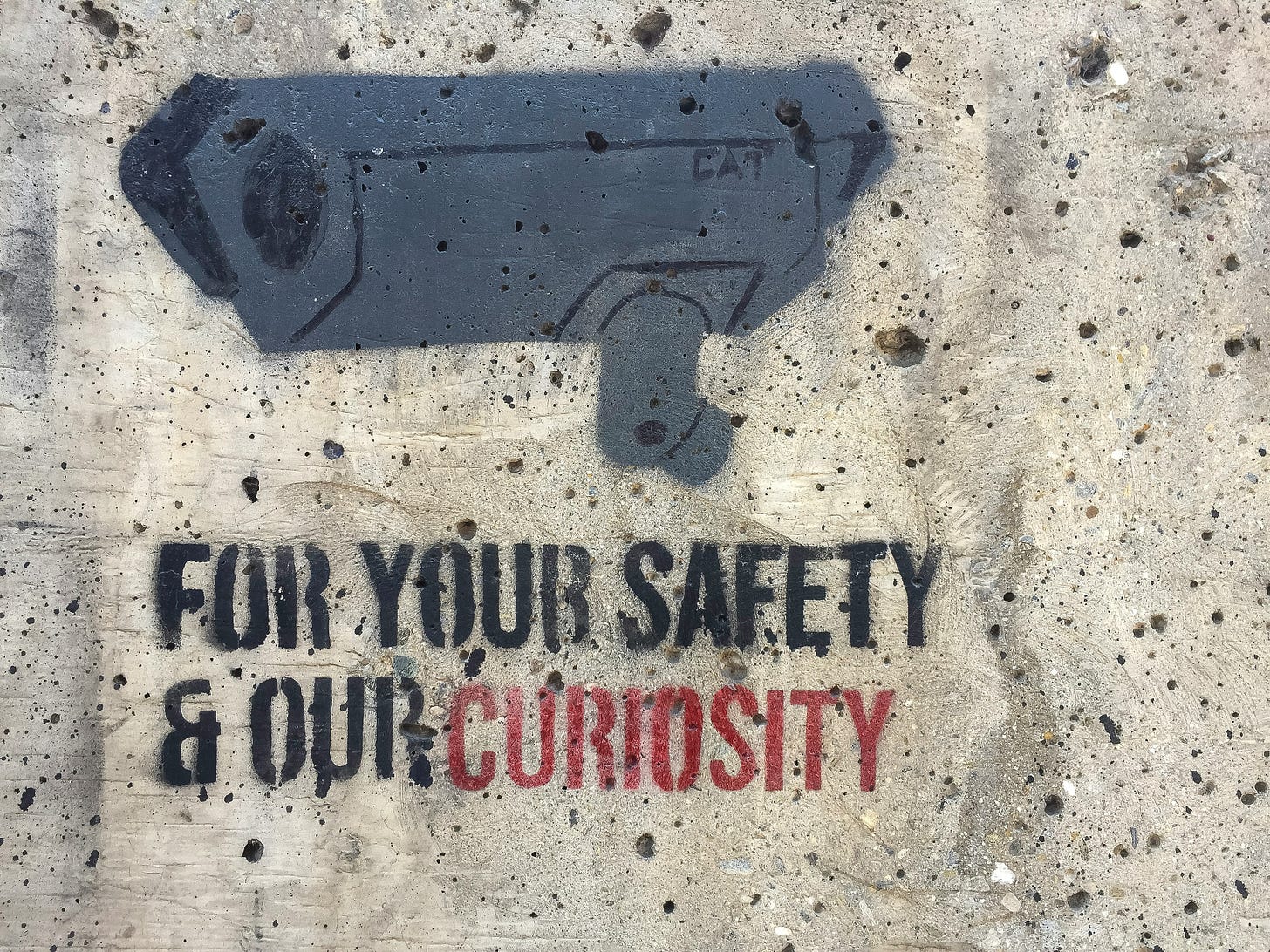 Spray paint surveillance camera and words stating "For Your Safety & Our Curiosity" Spray paint surveillance camera and words stating "For Your Safety & Our Curiosity"