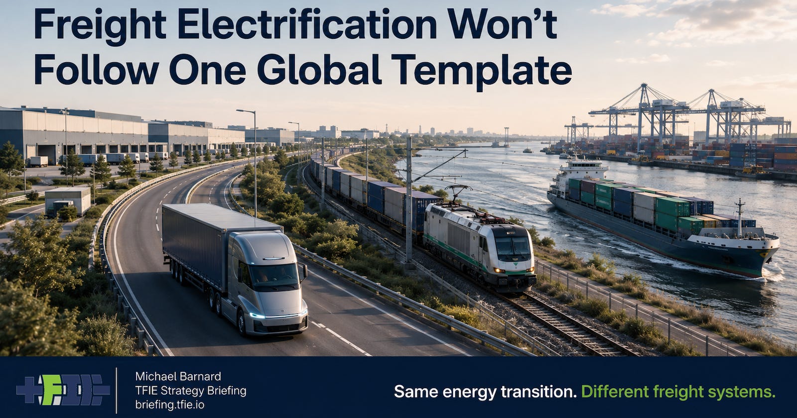 Electric truck, freight train and cargo vessel moving through a shared industrial freight corridor.