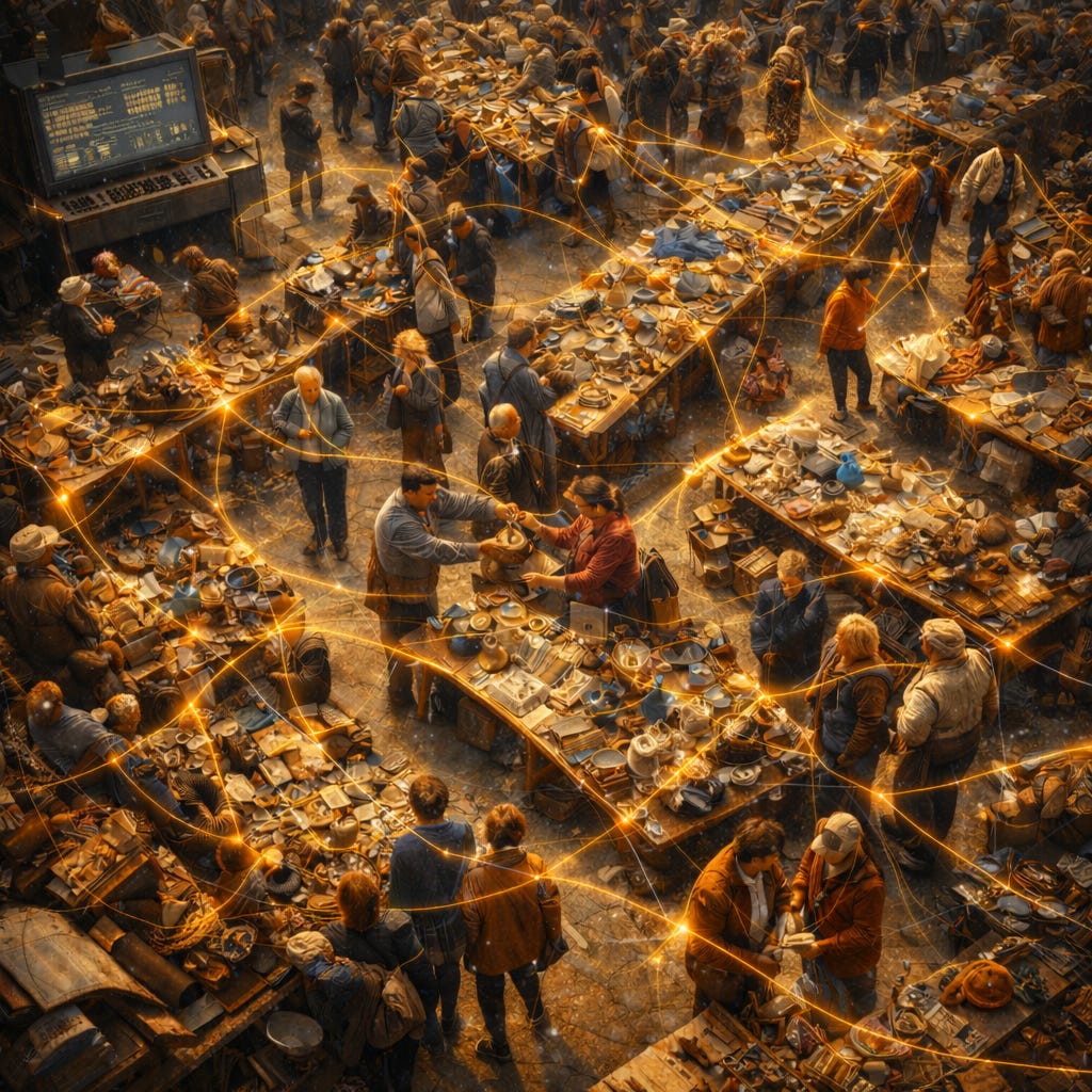 Overhead view of a crowded open-air flea market, with rows of tables packed with secondhand goods—lamps, dishes, tools, books, radios, clothing, and miscellaneous antiques—while shoppers browse, haggle, and move through narrow aisles. Bright golden network lines and glowing nodes connect people, objects, and stalls across the scene, turning the market into a visible web of relationships and exchange. In the upper left, a large old computer terminal sits apart from the crowd, suggesting a static attempt to map the living complexity below. Overhead view of a crowded open-air flea market, with rows of tables packed with secondhand goods—lamps, dishes, tools, books, radios, clothing, and miscellaneous antiques—while shoppers browse, haggle, and move through narrow aisles. Bright golden network lines and glowing nodes connect people, objects, and stalls across the scene, turning the market into a visible web of relationships and exchange. In the upper left, a large old computer terminal sits apart from the crowd, suggesting a static attempt to map the living complexity below.