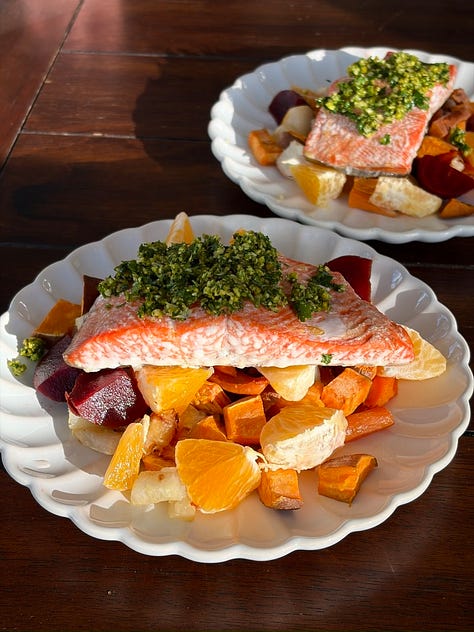 taco skillet with fresh cilantro, basil pesto in a jar, salmon with gremolata on top