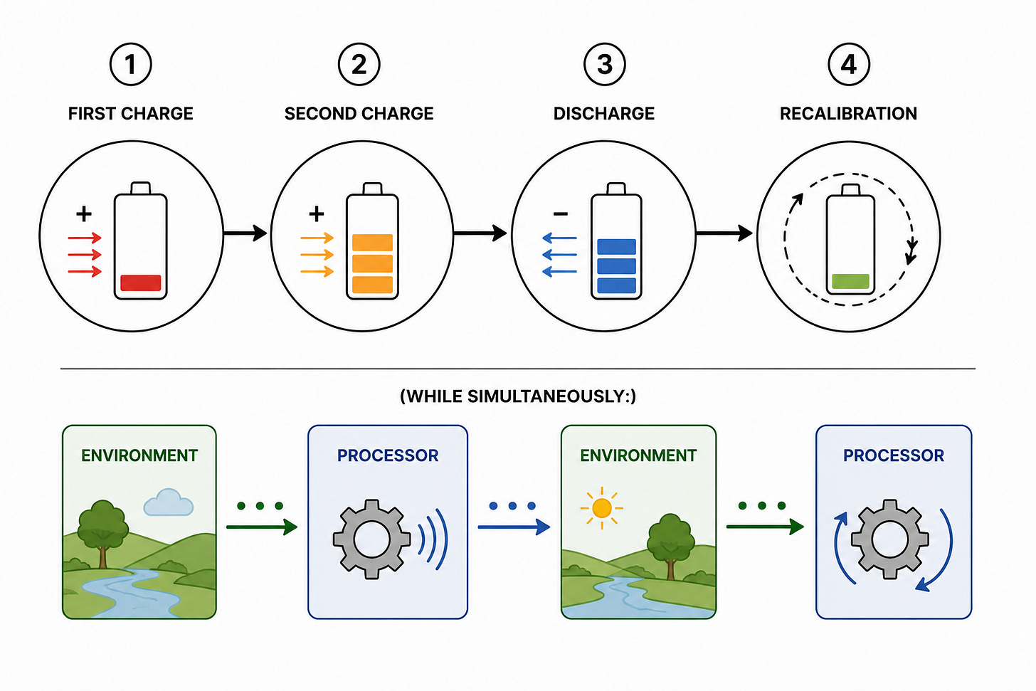 A two-level technical diagram showing the PET charge-discharge cycle above and a simultaneous environment-processor feedback cycle below. The upper sequence progresses First Charge → Second Charge → Discharge → Recalibration. The lower sequence shows Environment → Processor → Environment → Processor, illustrating reciprocal changes between a processor and its environment.