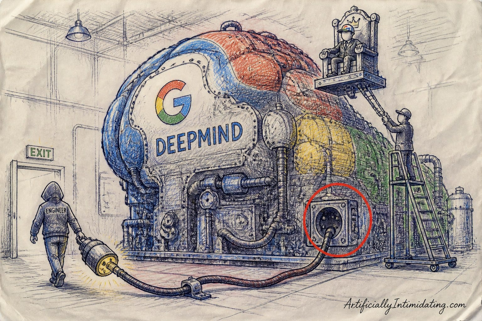 Editorial cartoon: a Google four-color DEEPMIND brain-engine sits unplugged as an engineer walks out the exit carrying the glowing plug, while another figure is hoisted onto a throne bolted high above the controls.