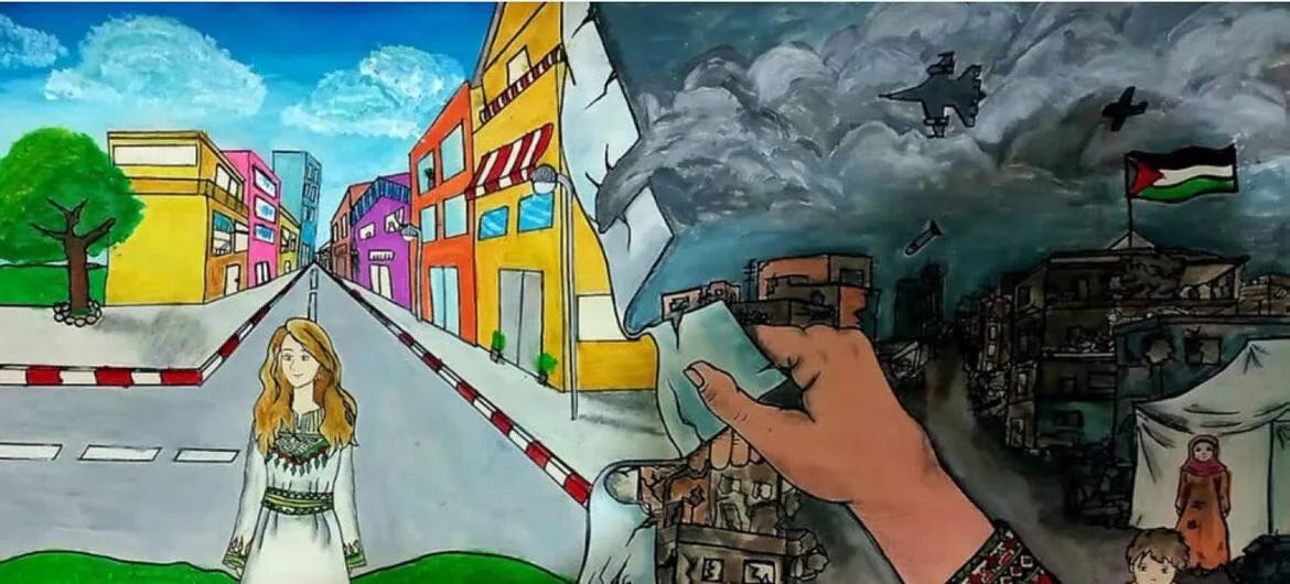 Drawing by a child from Gaza — "Gaza We Want" initiative, UNICEF. Drawing by a child from Gaza — "Gaza We Want" initiative, UNICEF.