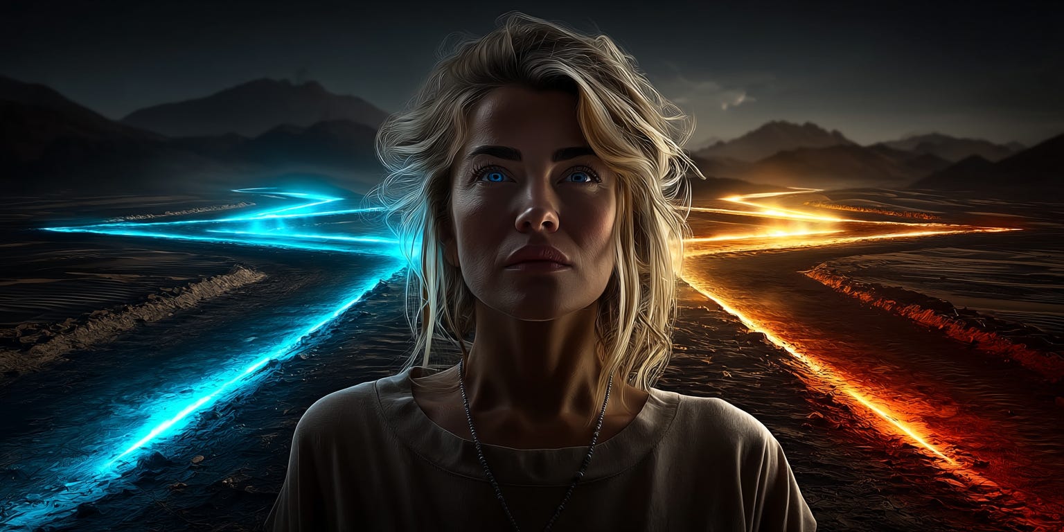 A beautiful 25-year-old blonde woman with deep blue eyes standing at a crossroads, facing the camera with a contemplative expression. 