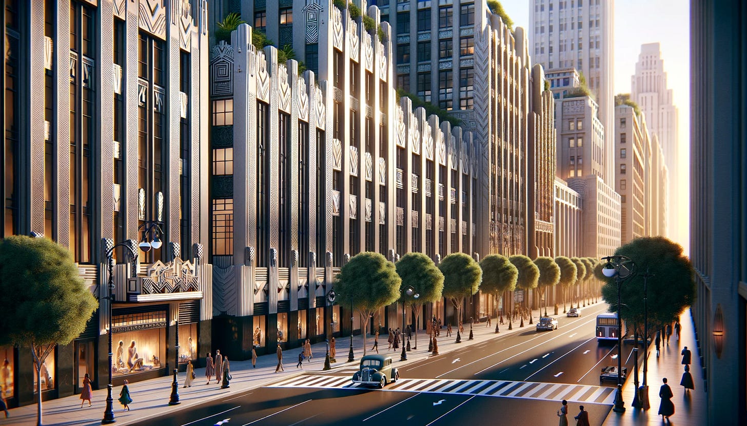 Imagine a bustling urban street scene, capturing the essence of a dense, walkable environment. Buildings line the streets with distinctive Art Deco features: geometric shapes, zigzag patterns, and sleek, streamlined forms. The facades are adorned with intricate decorative elements, including stylized motifs and metallic accents, reflecting the opulence of the era. People walk along wide sidewalks, flanked by ornate lampposts and lush street trees, contributing to the vibrant atmosphere. The setting sun casts long shadows, highlighting the architectural details and adding a warm glow to the scene.