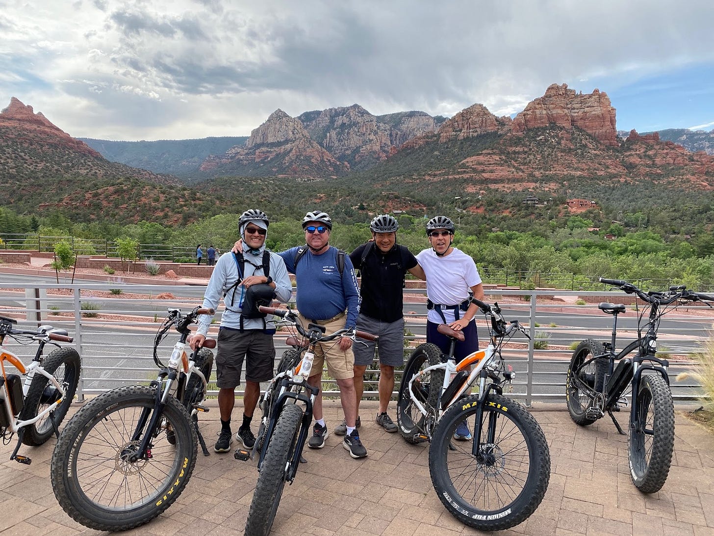 Kent Kawahara, Wayne Fenton, Stephen Pao, and Larry Stein with e-bikes in Sedona AZ Kent Kawahara, Wayne Fenton, Stephen Pao, and Larry Stein with e-bikes in Sedona AZ