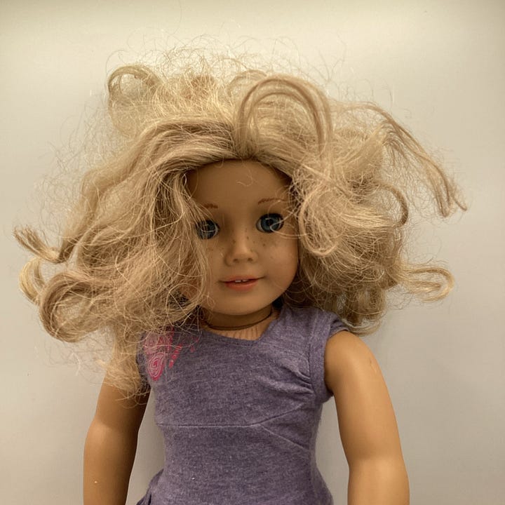 Pictures of two dolls in disrepair and then mended.