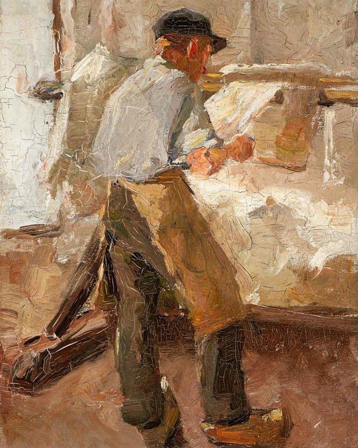 'A Young Workman at a Stretching Frame' 1890-1891 - olieverf op doek: Anton van Rappard (kavel 180, Veilinghuis AAG) 'A Young Workman at a Stretching Frame' 1890-1891 - olieverf op doek: Anton van Rappard (kavel 180, Veilinghuis AAG)