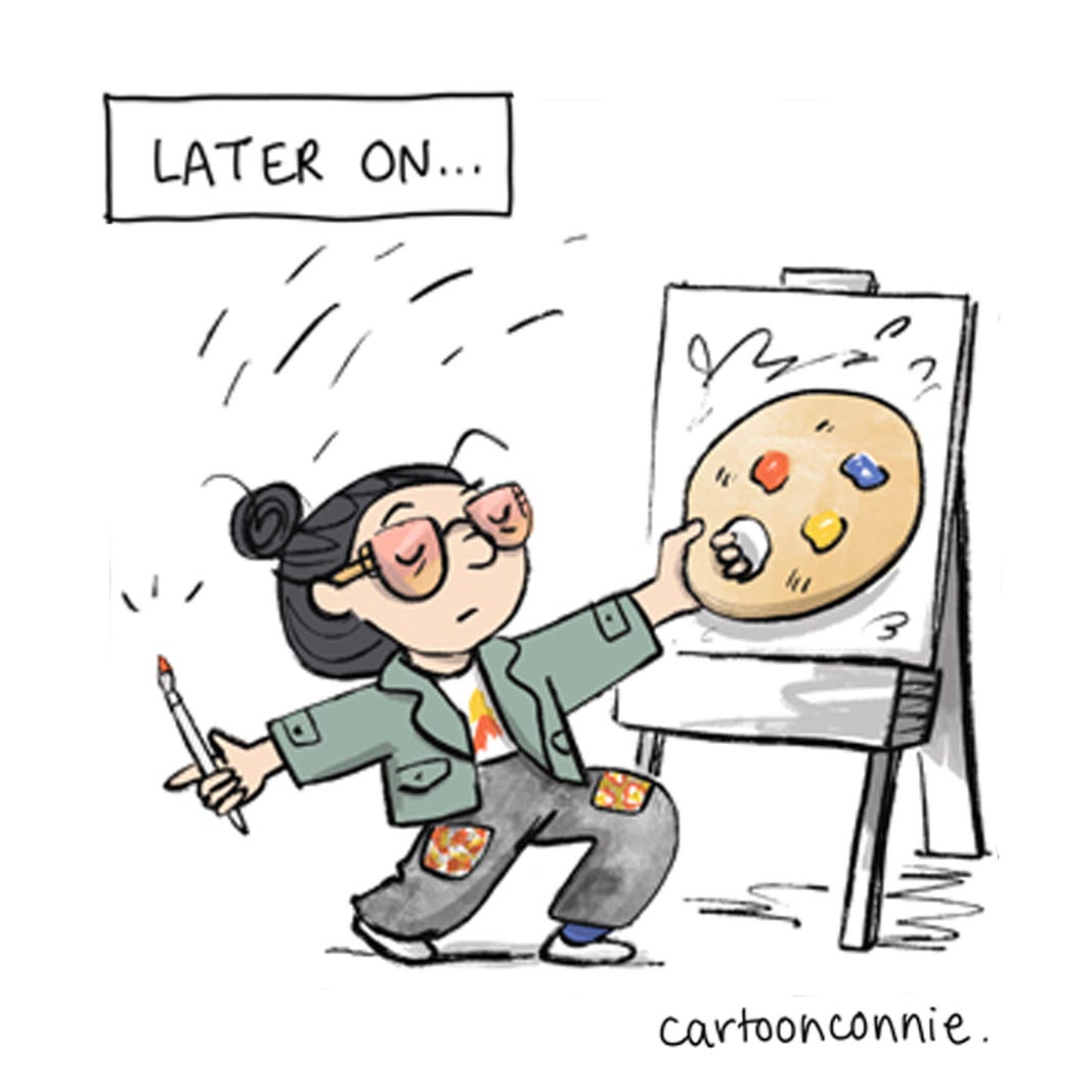Panel 6 of a 6-panel comic strip about our mistakes and imperfections and how they make us unique and give us style. Titled "All My Mistakes," 2026, by Connie Sun, cartoonconnie.