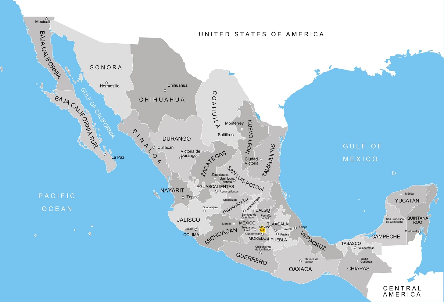 A map of the 32 states of Mexico. A map of the 32 states of Mexico.