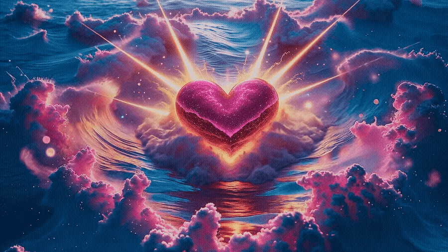 Surreal digital artwork depicting a glowing, crystalline pink heart emerging from turbulent, swirling ocean waves and clouds in vibrant shades of purple, blue, and pink, with radiant golden rays bursting outward like an explosion of light, evoking the unquenchable nature of love that floods cannot drown, as in Song of Solomon 8:7 KJV.