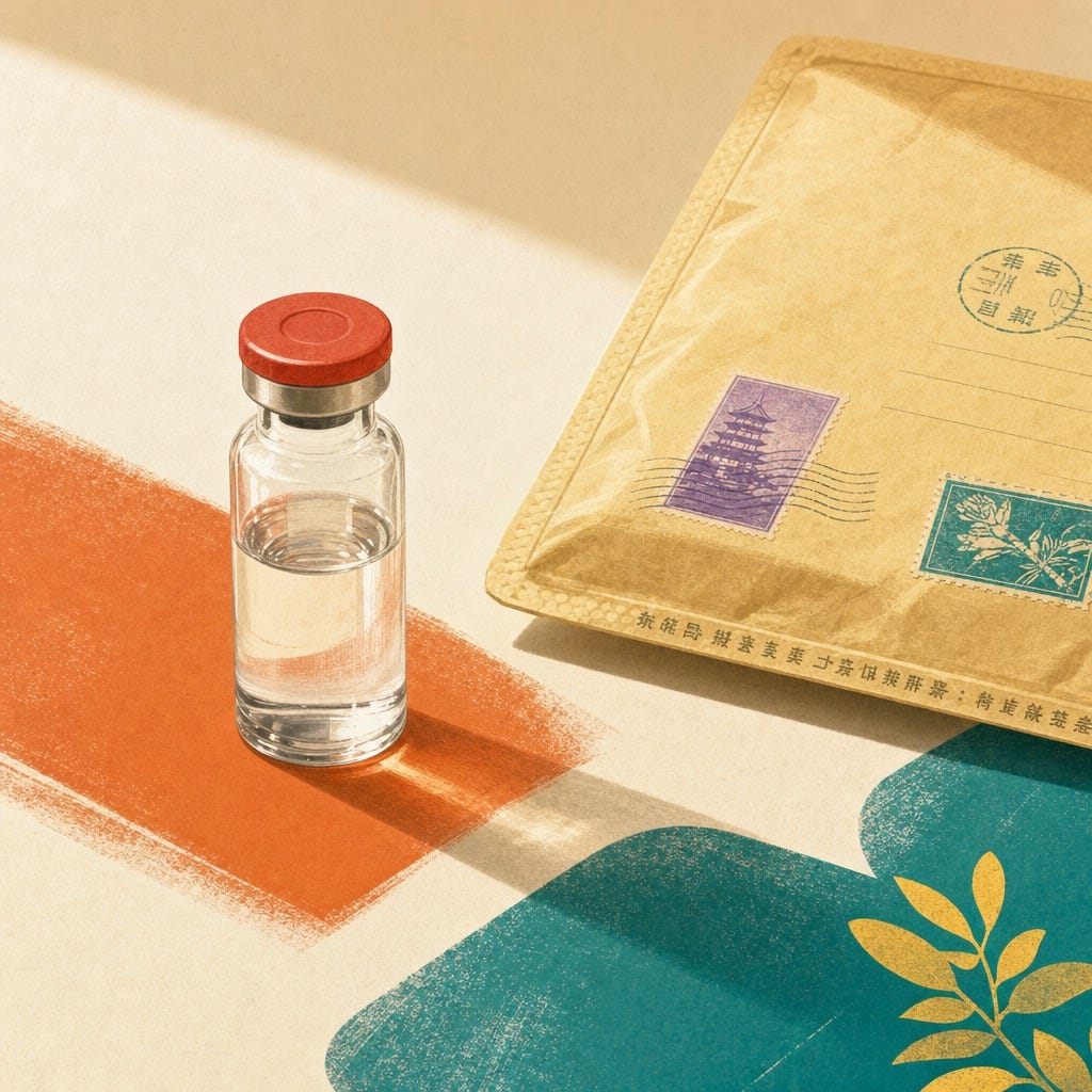 An unlabeled glass vial with a red cap beside a padded shipping envelope carrying foreign postage stamps, representing the imported peptide gray market.