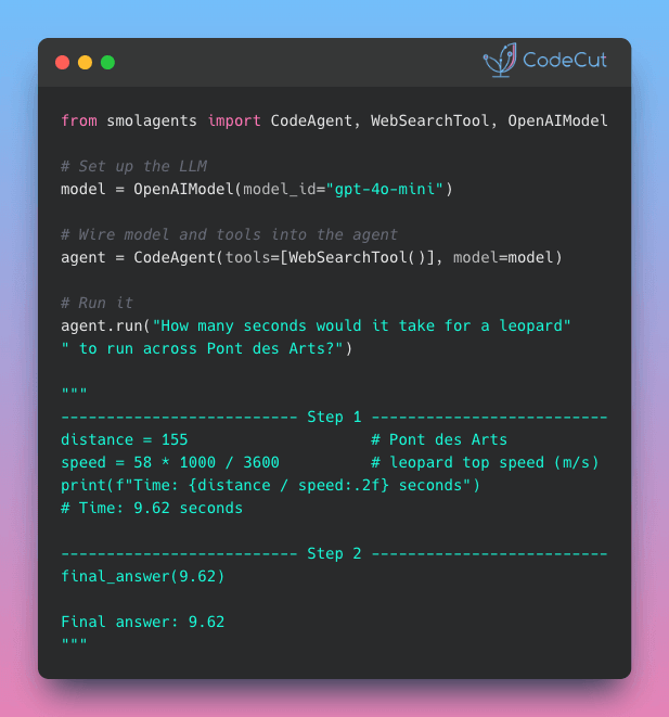 Code example: smolagents: Build an AI Agent in 4 Lines of Code