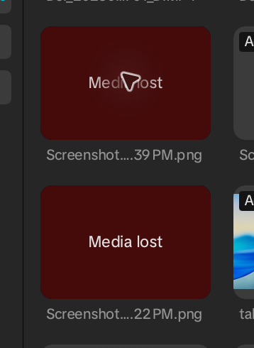 Screenshot of ChatGPT's cursor inside the CapCut video editor media bin displaying offline files with red "Media lost" badges and image file names below them. Screenshot of ChatGPT's cursor inside the CapCut video editor media bin displaying offline files with red "Media lost" badges and image file names below them.