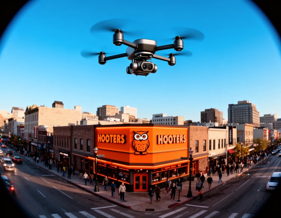Surveillance drone in sky monitoring Hooters restaurant