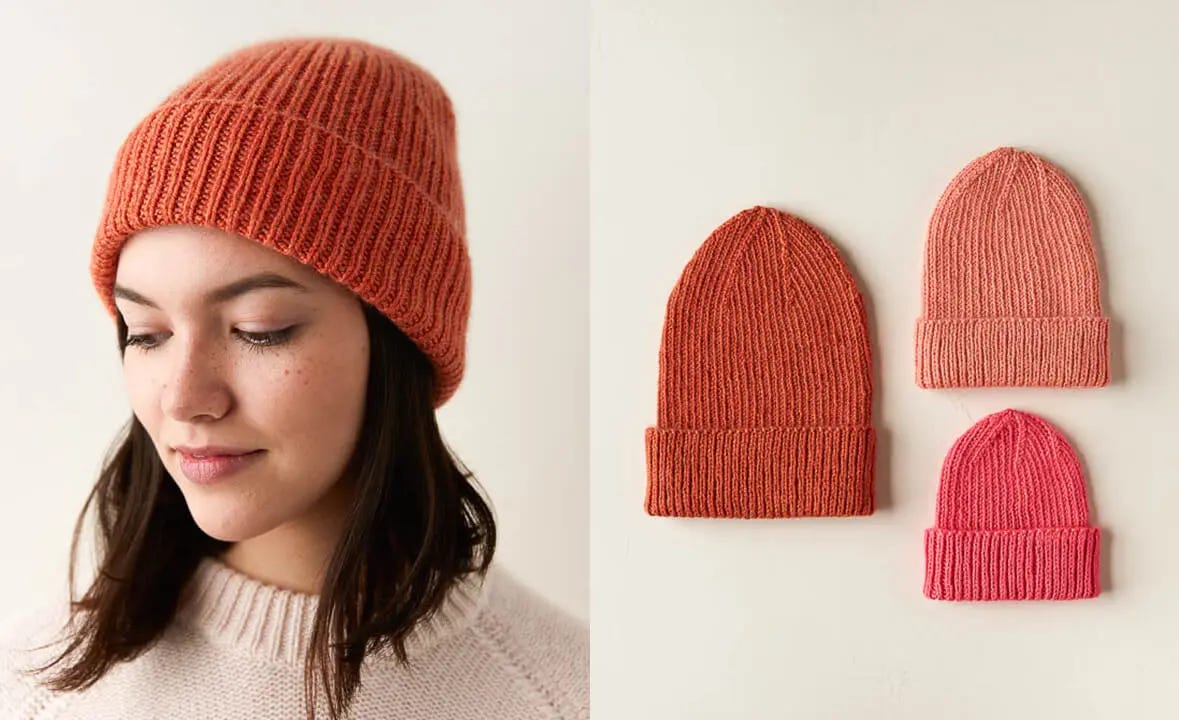 on the left, A woman is wearing an orange ribbed hat and a light-colored knitted sweater; on the right, three ribbed hats in orange, coral, and pink.