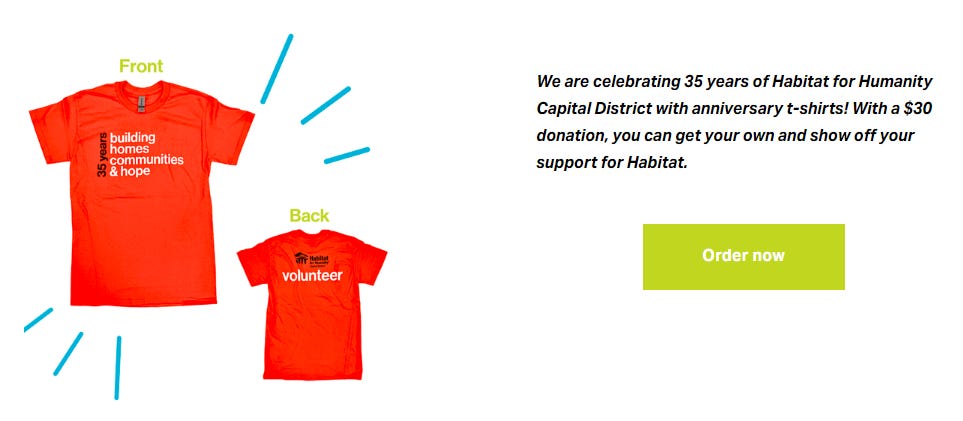 We are celebrating 35 years in the Capital District with anniversary t-shirts. (Photo of dark orange t-shirt with text "35 Years: Building homes community and hope" on the front and "Volunteer" on the back.