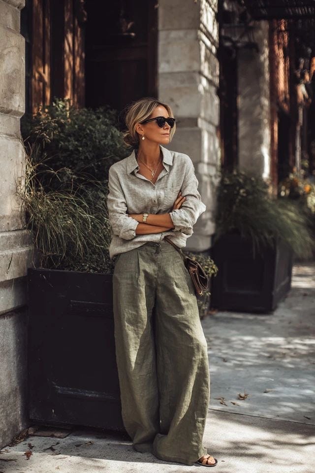 mujer con look de pantalón fluido y camisa amplia perfecto para entretiempo