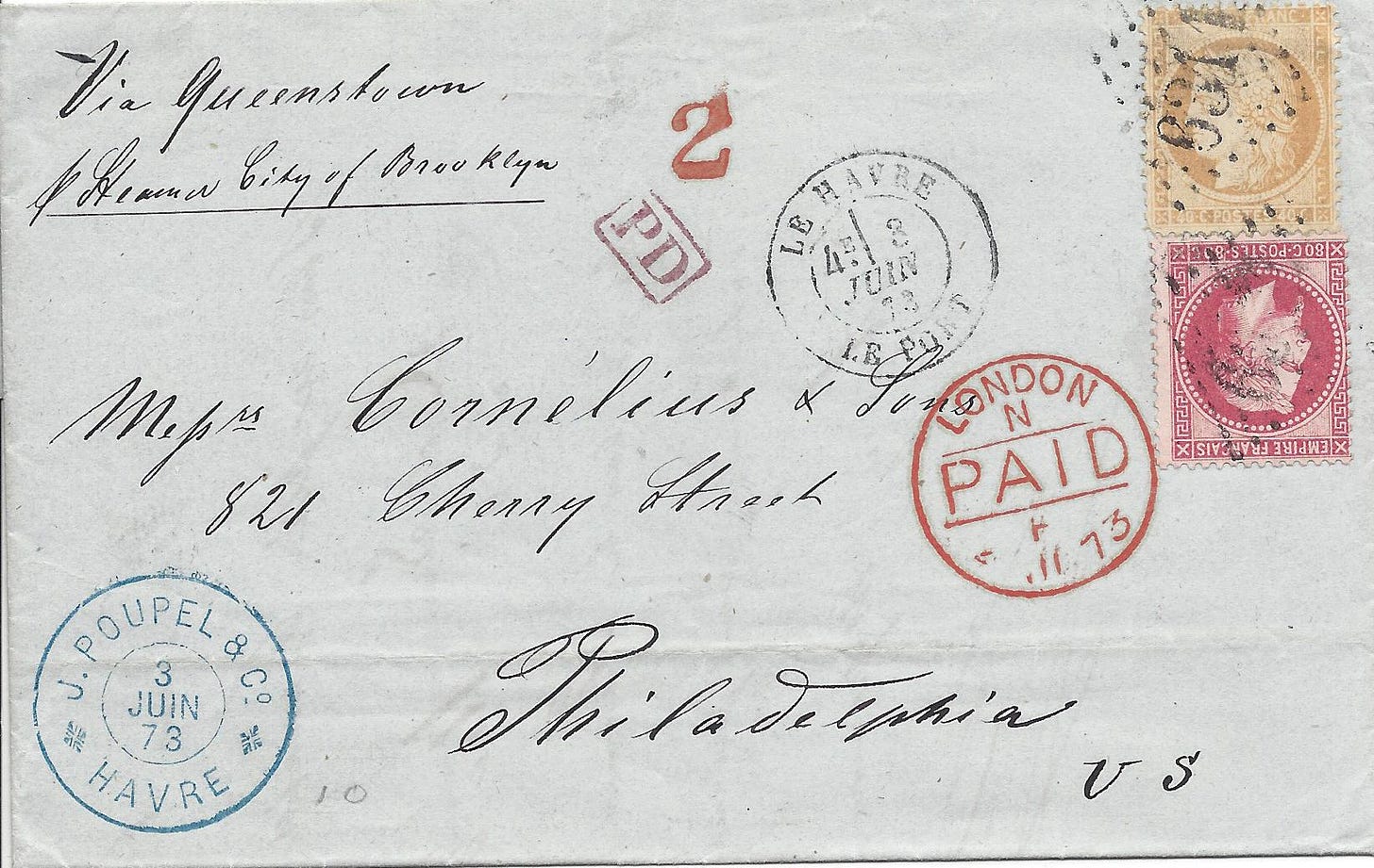 1873 folded letter from France to the US