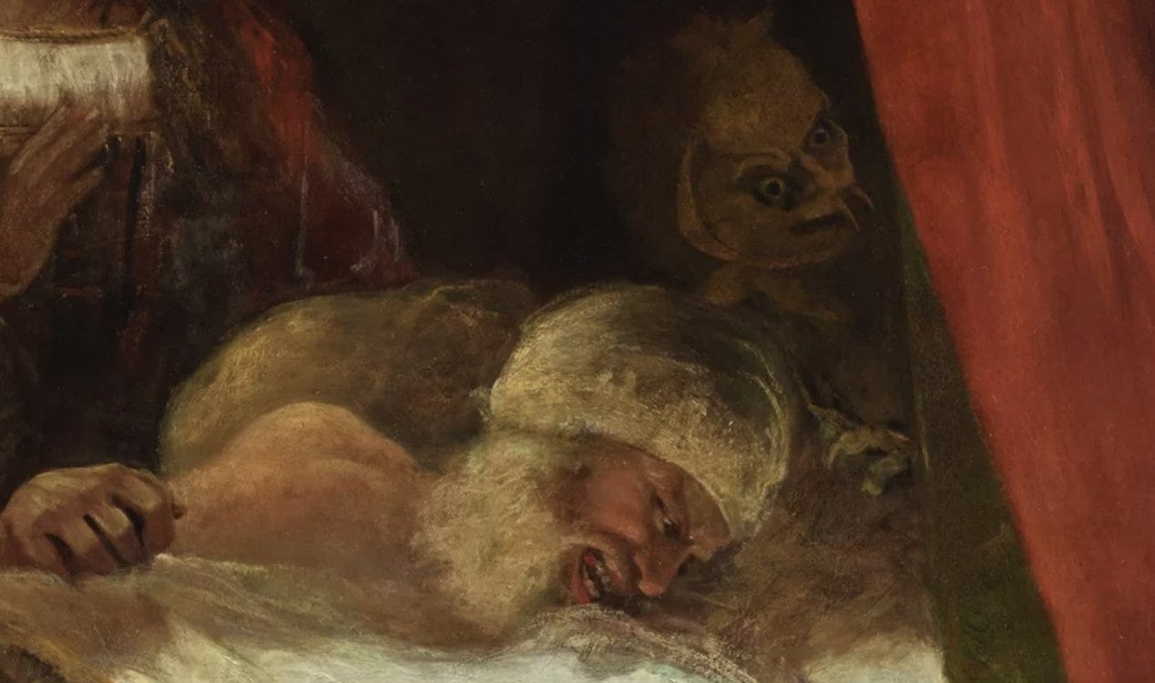 Sinistro 'demônio' reaparece após restauração de pintura do século XVIII. Sinistro 'demônio' reaparece após restauração de pintura do século XVIII.