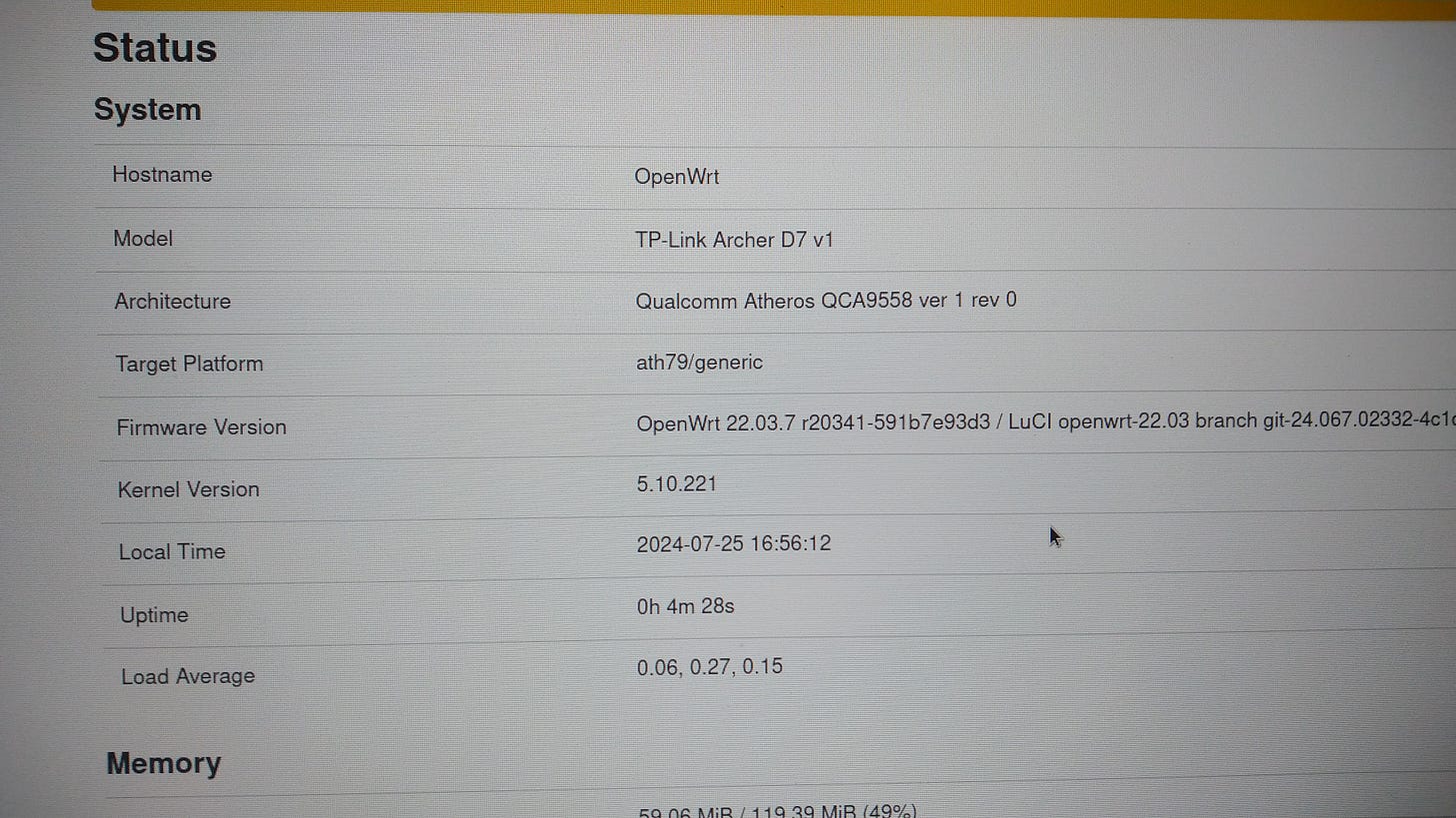View of the LuCi interface on the TP-Link Archer D7 running OpenWrt