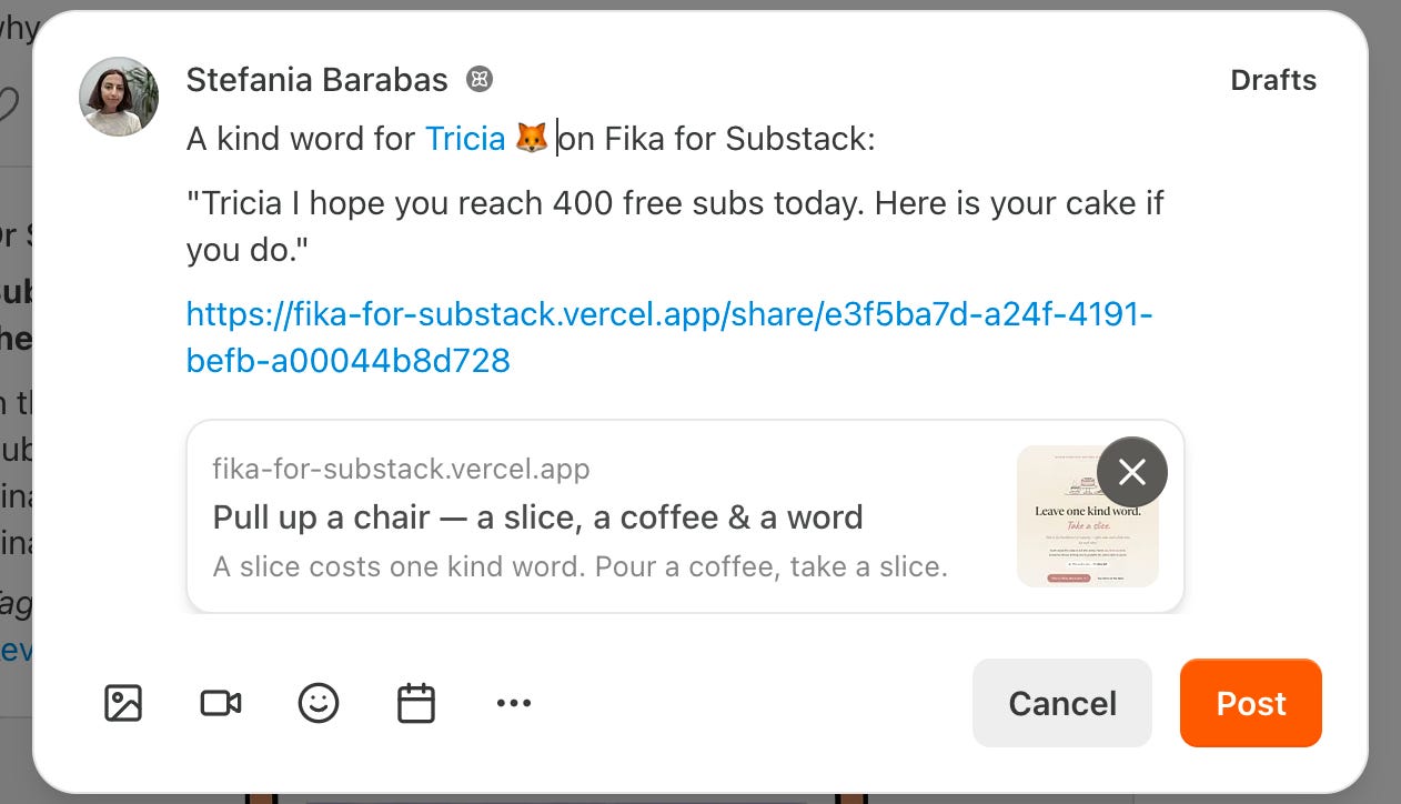 Substack Note draft showing a copied appreciation note from Fika for Substack, with the note text, share link, and auto-generated link preview card ready to post. Substack Note draft showing a copied appreciation note from Fika for Substack, with the note text, share link, and auto-generated link preview card ready to post.