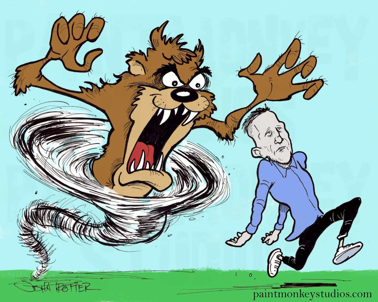 Cartoon of Peter Thiel being chased by Taz the Tasmanian devil.