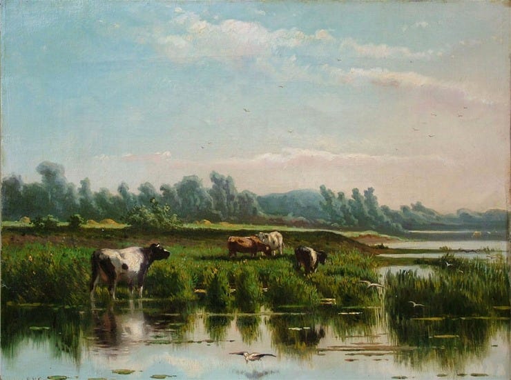 'Koeien aan de waterkant' olieverf op doek: Jan Vrolijk (herkomst: coll. Galerie Trompenburgh)
